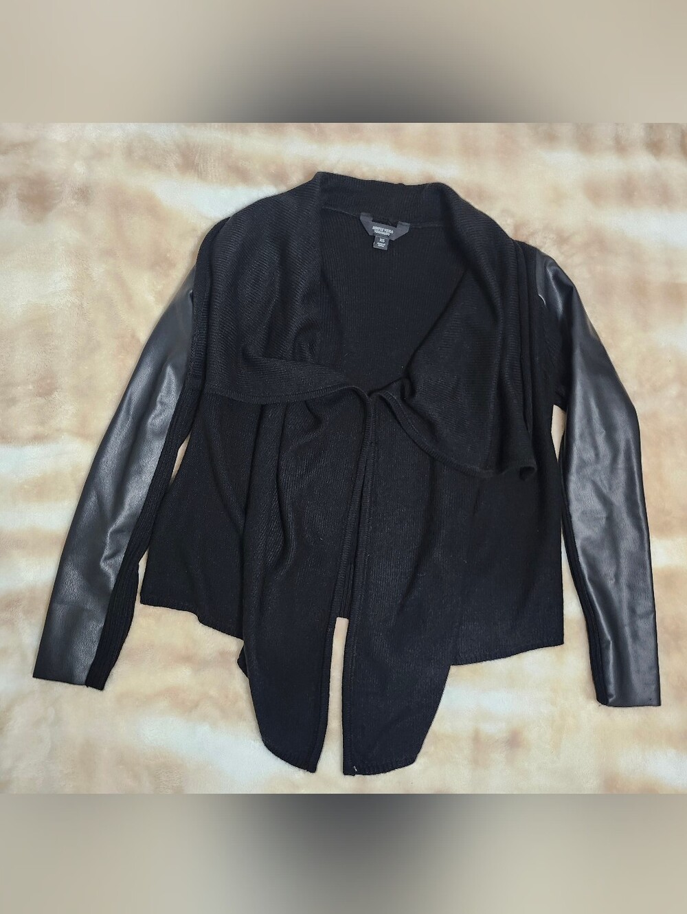 Vera Wang Open Front Black Knit Cardigan Sweater With Fuax Leather Sleeves
